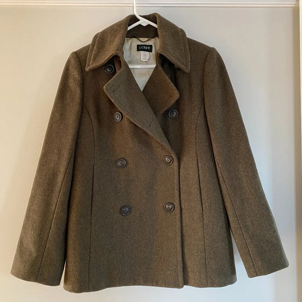 J.Crew W’s Olive Green Double-Breasted Wool Blend Thinsulate Pea Coat-Size Small - Picture 3 of 7